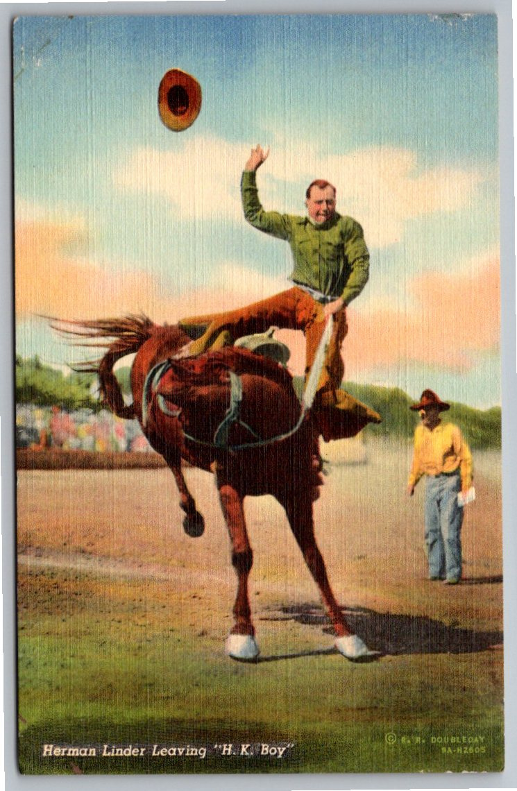1939 Herman Linder Bucking Horse Rodeo Postcard by R.R. Doubleday