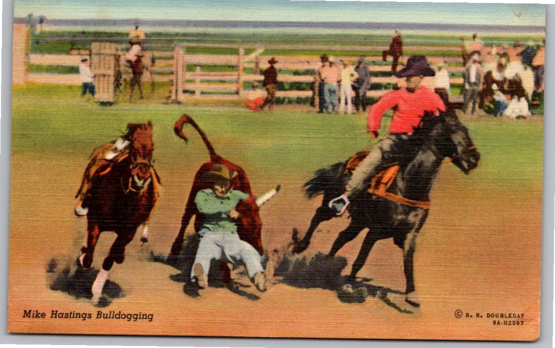 1939 Mike Hastings Rodeo Bulldogging Linen Postcard Doubleday