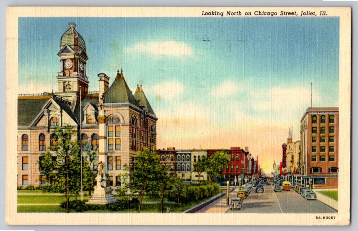 Vintage 1938 Joliet Illinois Chicago Street Courthouse Linen