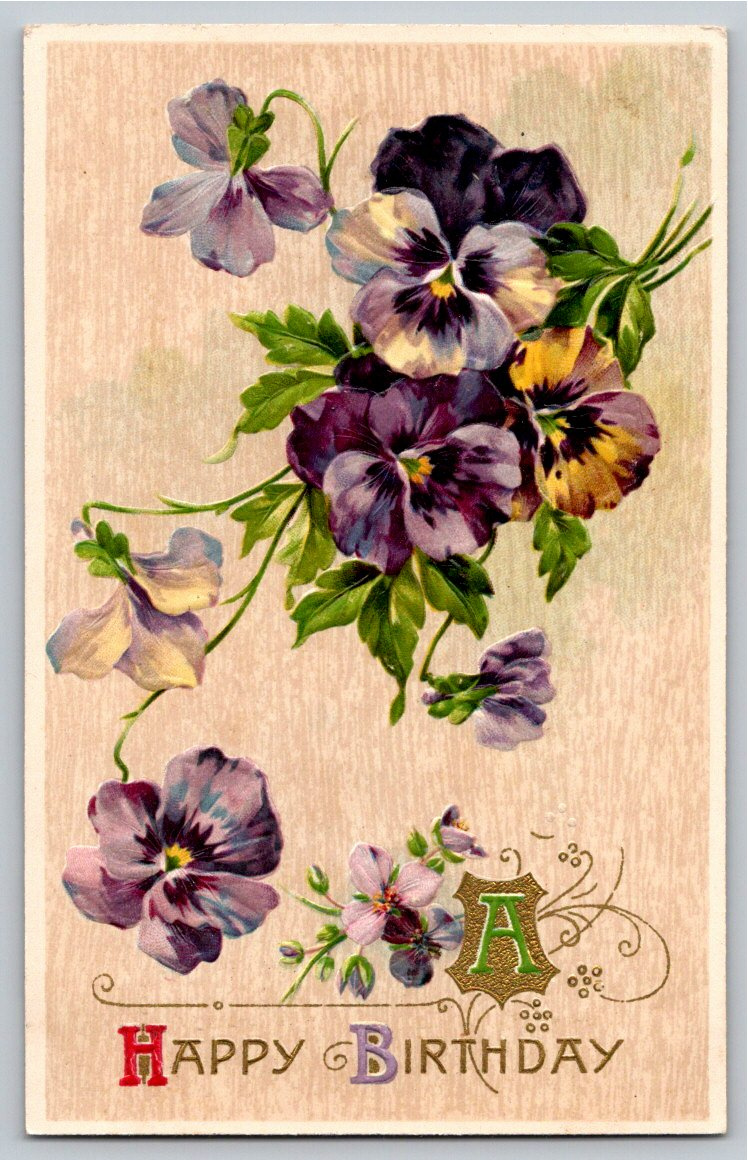 1900s Antique Monogram A Purple Pansies Happy Birthday Postcard
