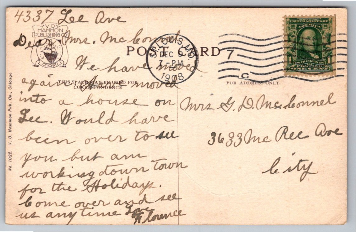 1908 Shaws Garden Statue of Victory St. Louis Vintage Postcard - Back / Reverse View