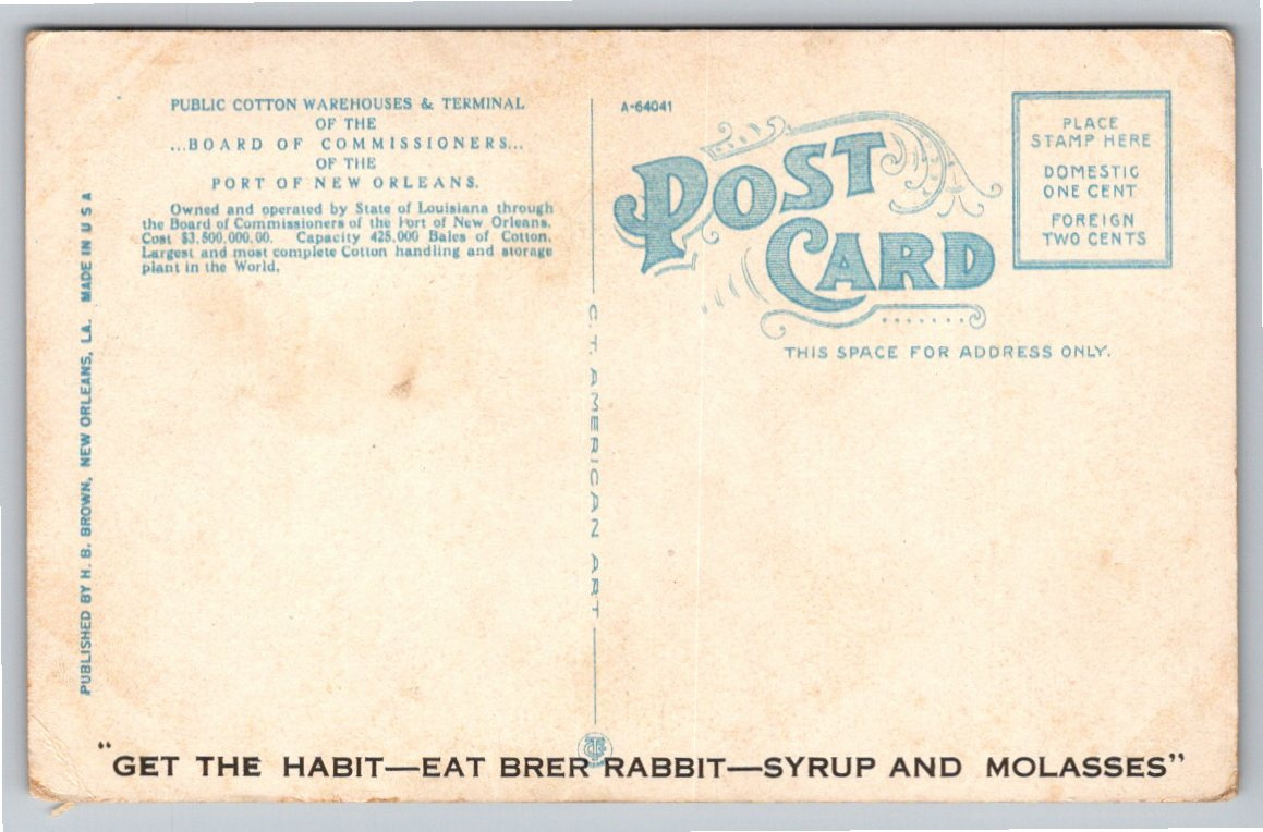 1914 Port of New Orleans Cotton Warehouse & Terminal Postcard - Back / Reverse View