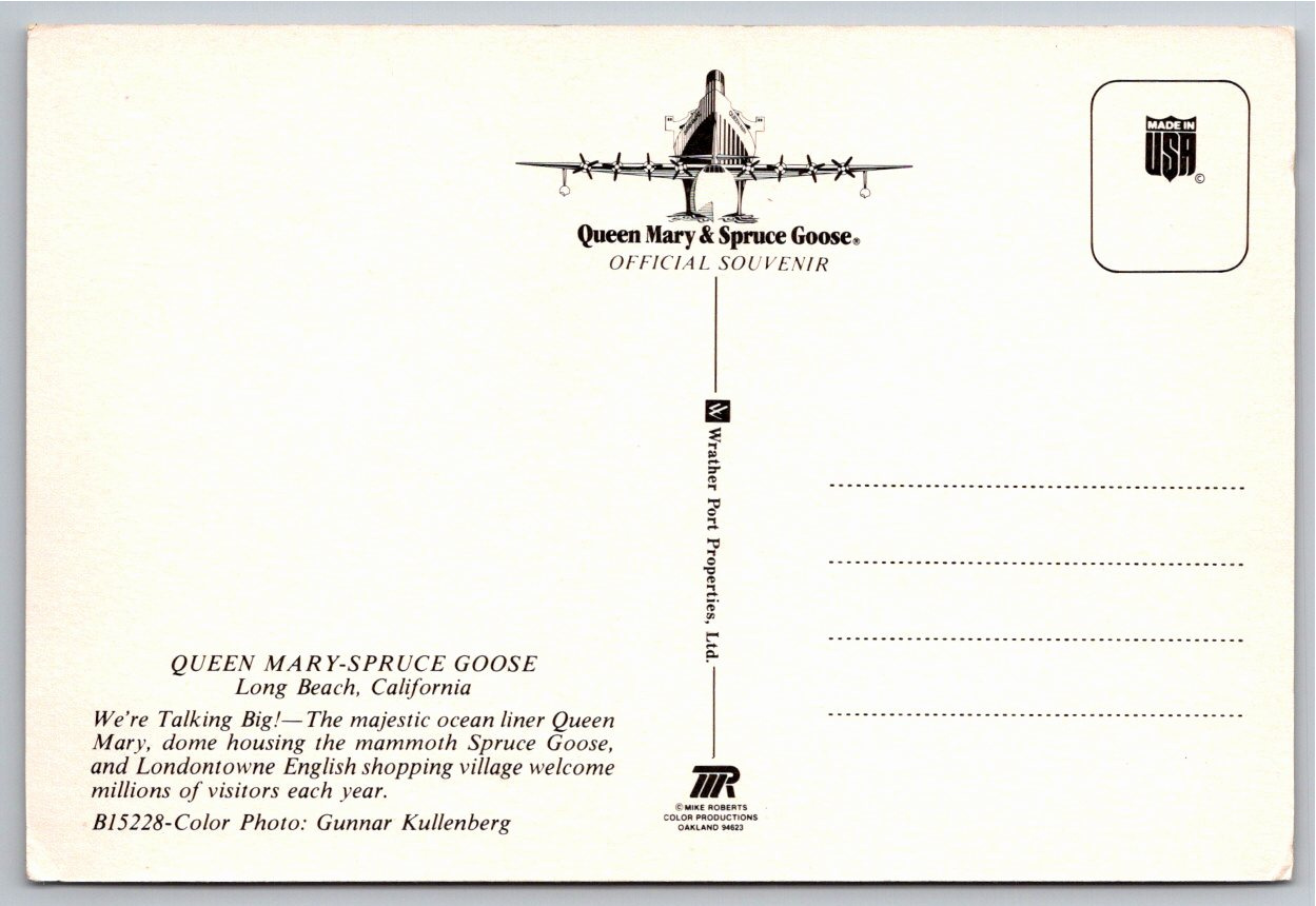 Vintage 1980s Queen Mary & Spruce Goose Dome Postcard Long Beach - Back / Reverse View