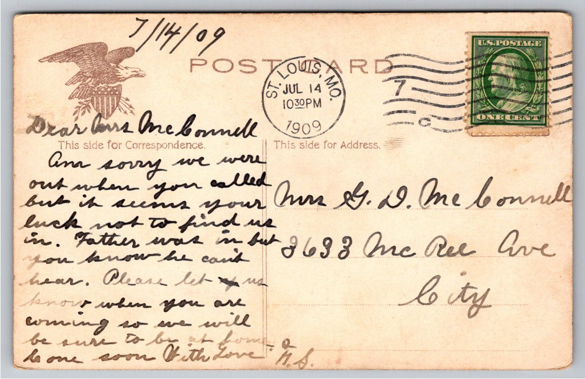 1909 Planters Hotel St. Louis Missouri Vintage Divided Back - Back / Reverse View