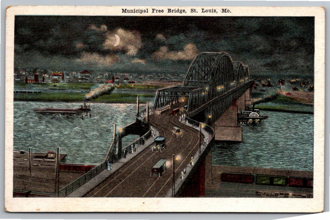 Vintage 1917 St. Louis Municipal Free Bridge Moonlight Postcard