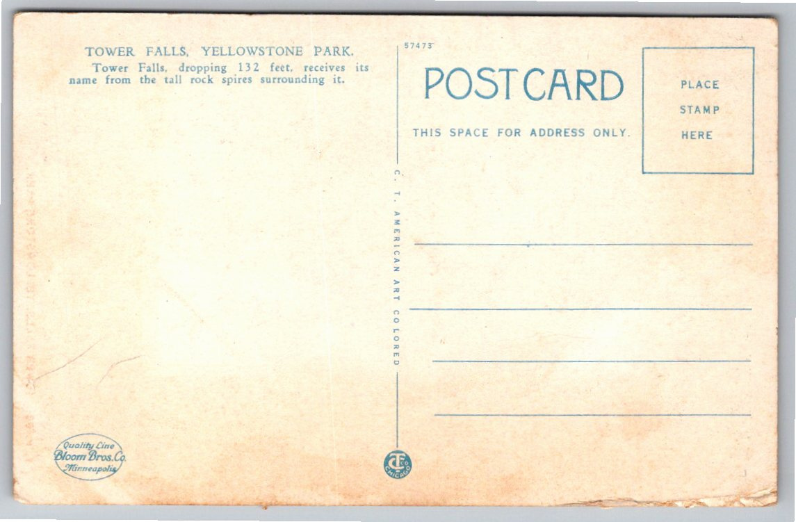 Vintage 1920s Yellowstone Park Tower Falls Postcard by Curt Teich - Back / Reverse View