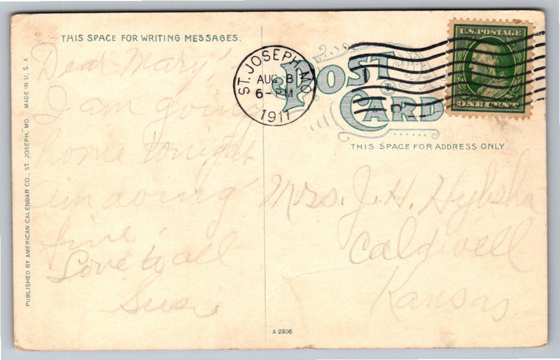 1911 State Hospital No. 2 St. Joseph Missouri Vintage Postcard - Back / Reverse View