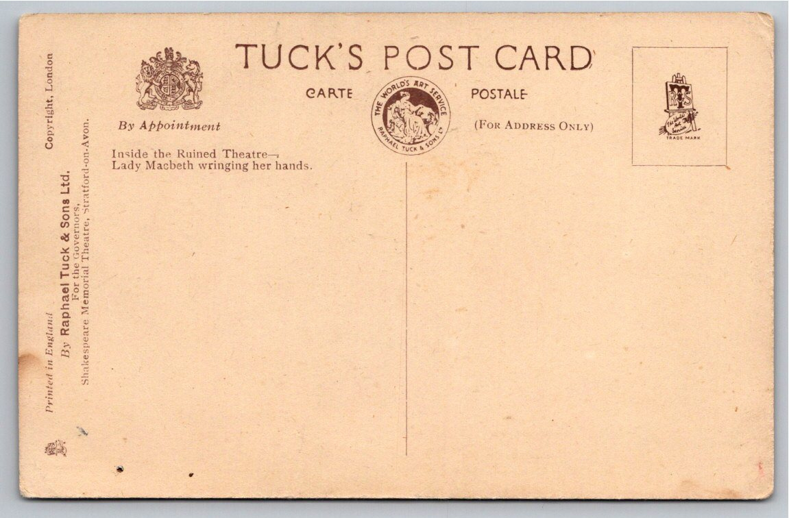 1926 Shakespeare Memorial Theatre Fire Tuck Postcard: Lady - Back / Reverse View