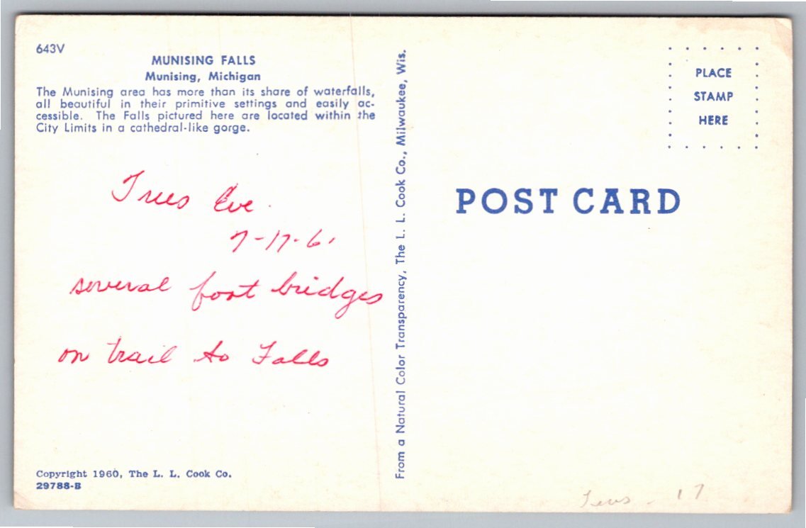 1960 Vintage Munising Falls Michigan Postcard by L. L. Cook Co. - Back / Reverse View