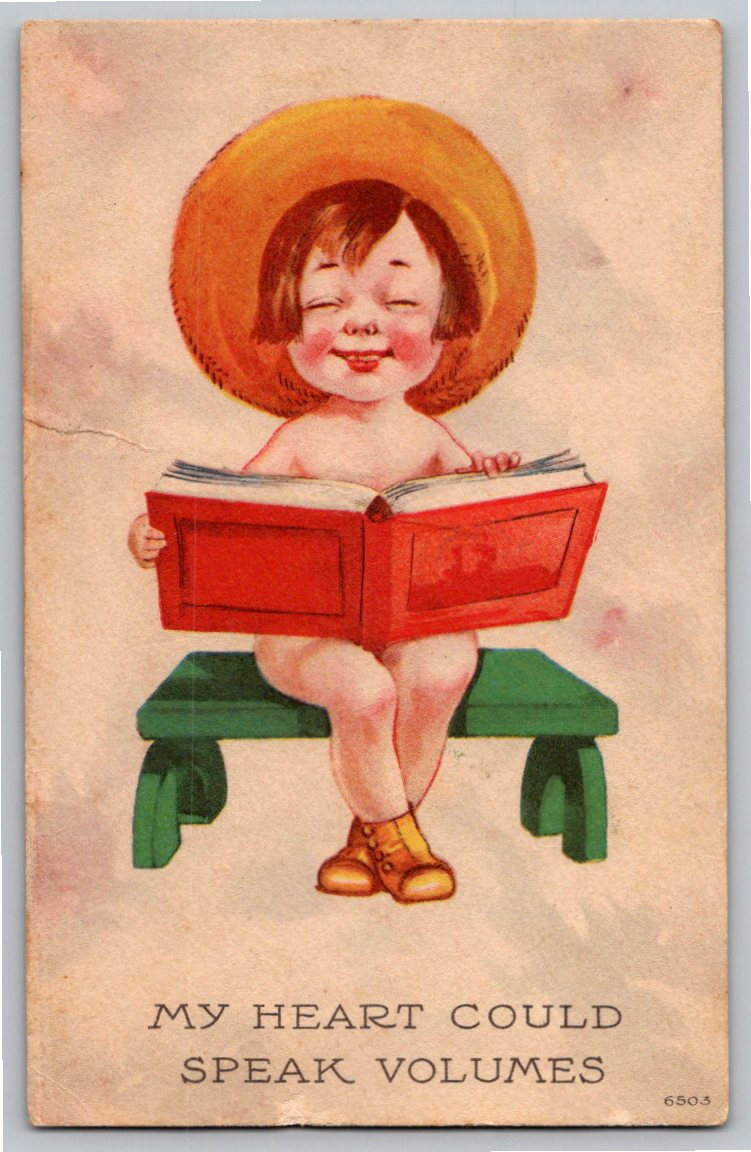 1910s Child Reading Red Book Postcard | Bergman Quality Antique