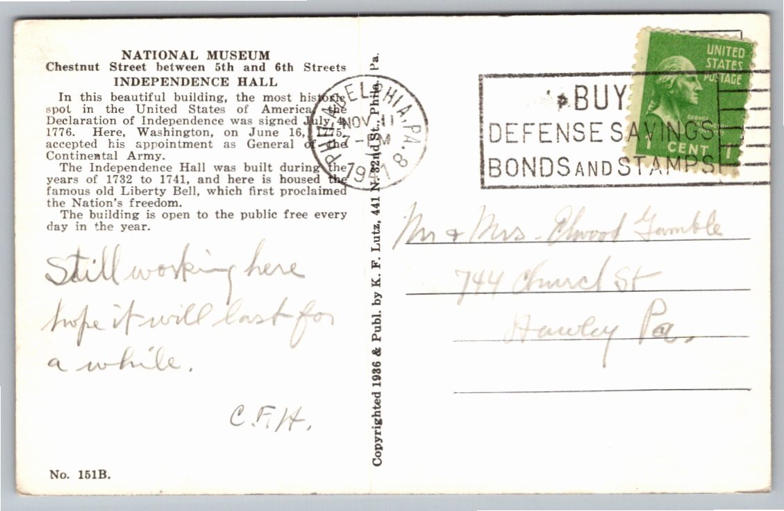 Vintage 1936 Independence Hall Philadelphia Linen Postcard - Back / Reverse View
