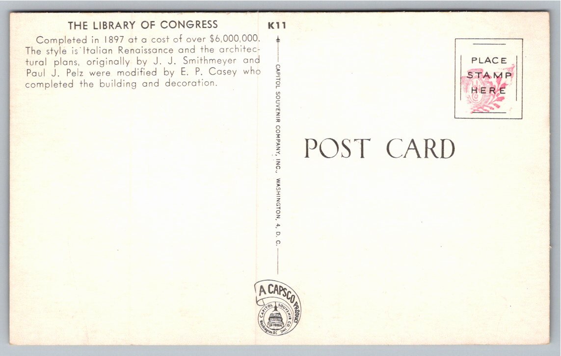 Vintage Library of Congress Washington DC Capitol Souvenir - Back / Reverse View
