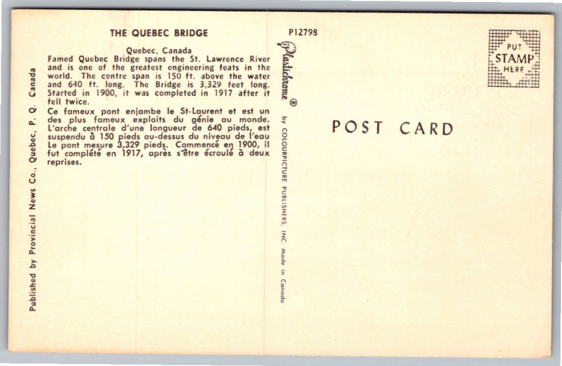 Vintage Quebec Bridge Postcard: Ocean Liner on St. Lawrence River - Back / Reverse View
