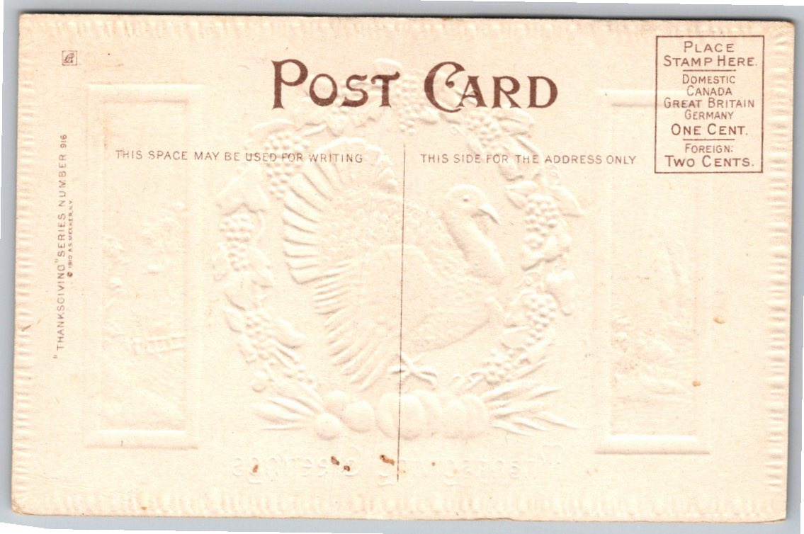 Antique 1910 Embossed Thanksgiving Greetings Postcard | A.S. - Back / Reverse View