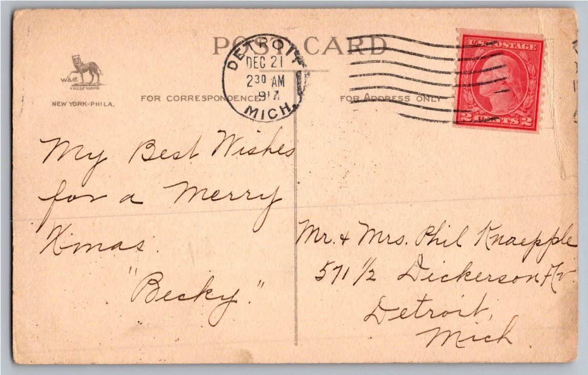 1917 Winter Sunset Cottage Christmas Postcard by Ellen Clapsaddle - Back / Reverse View