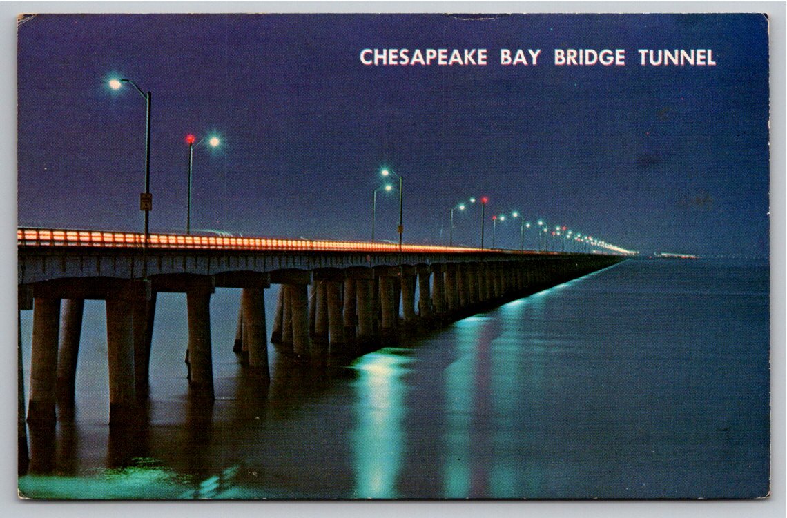 1975 Chesapeake Bay Bridge-Tunnel Night View Vintage Postcard