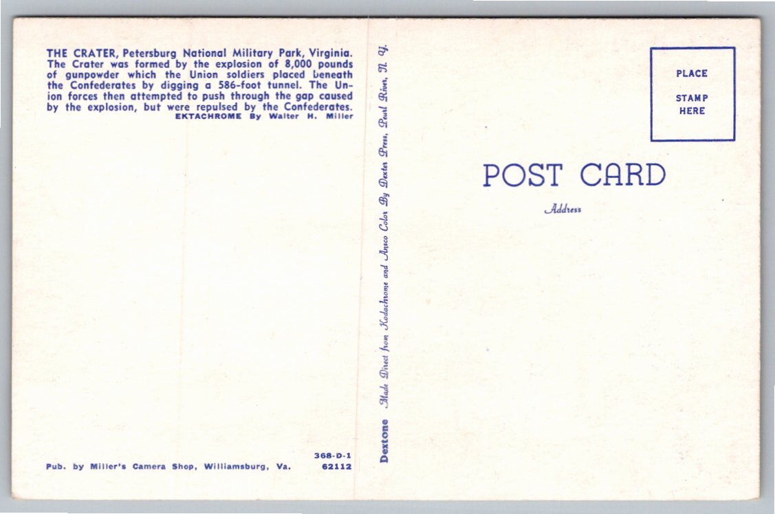 Vintage Postcard: The Crater, Petersburg National Military Park - Back / Reverse View