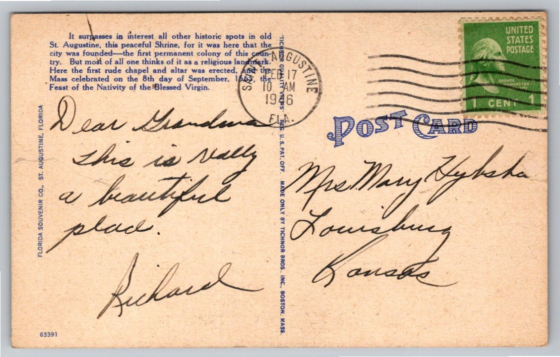 1946 Shrine of Nuestra Senora De La Leche Postcard St Augustine - Back / Reverse View