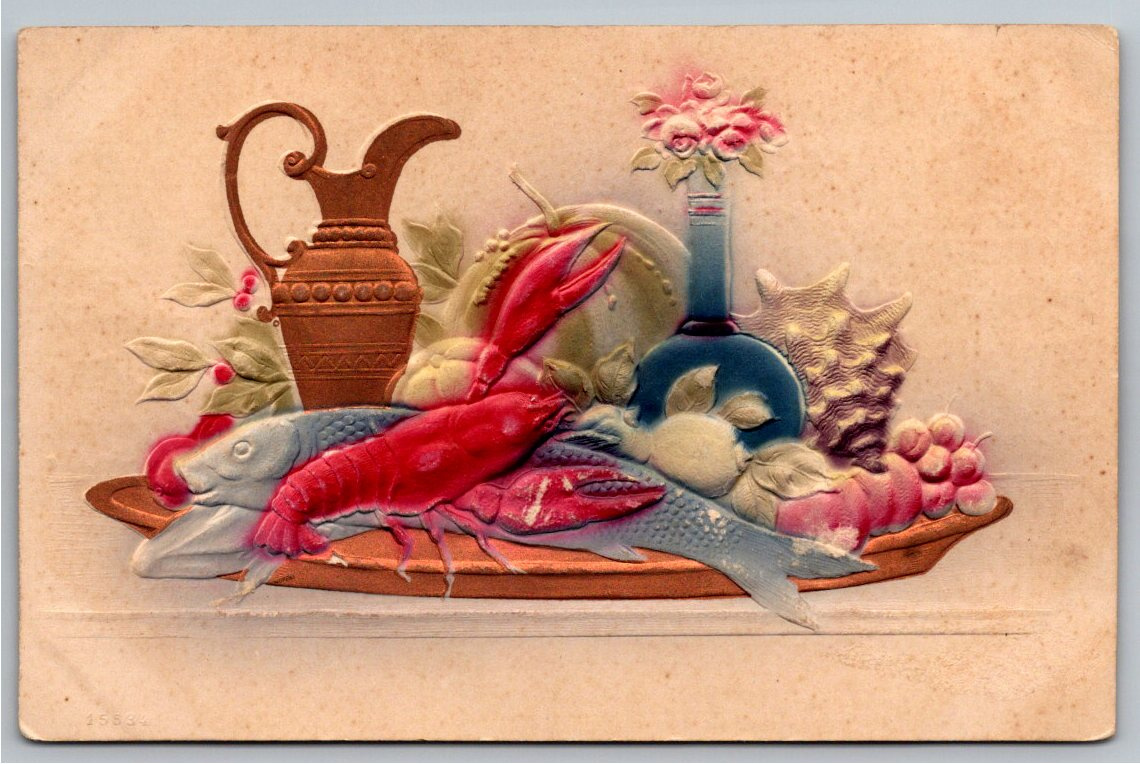 Antique Embossed Seafood Still Life Postcard c. 1910 Hoyt Kansas