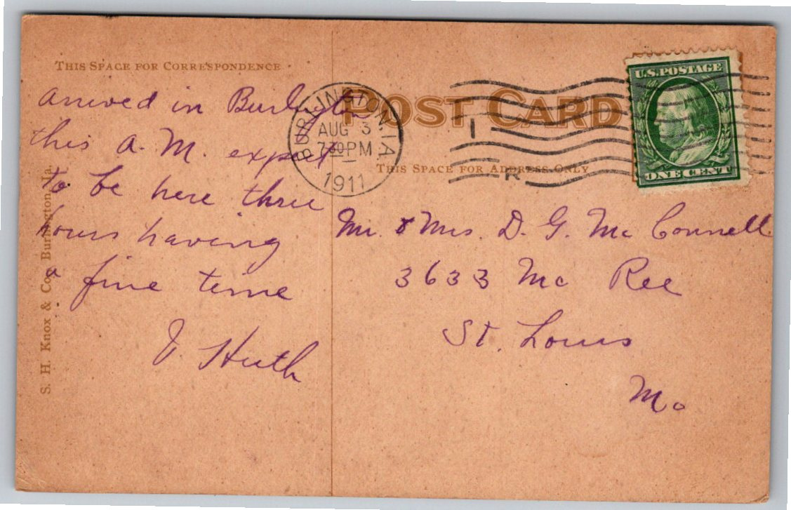1911 St. Francis Hospital Postcard - Burlington, Iowa Heritage - Back / Reverse View