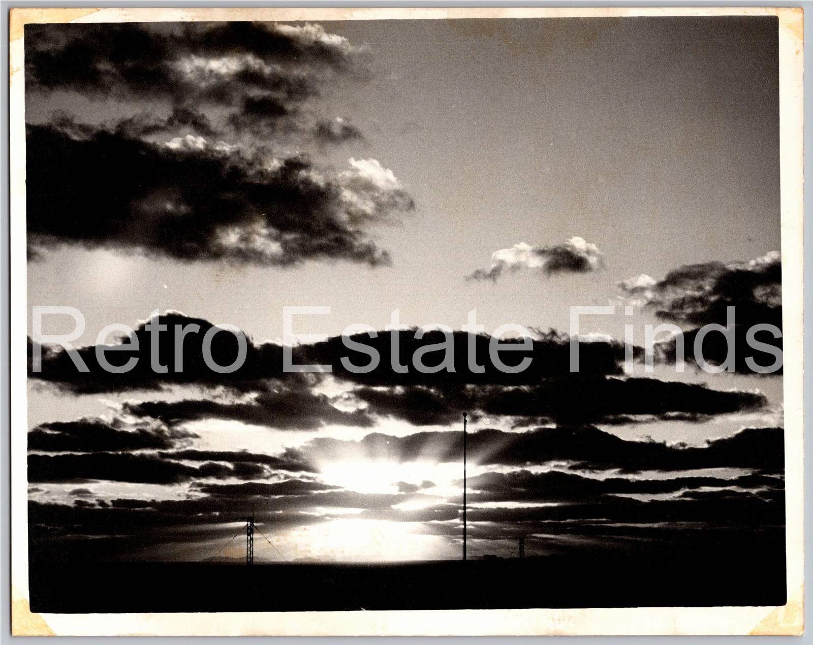 Vintage 1970s B&W Sunset Cloudscape and Radio Antenna Photograph