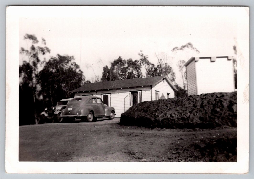 Vintage 1940s Fastback Car & Rural Cabin Black & White Snapshot