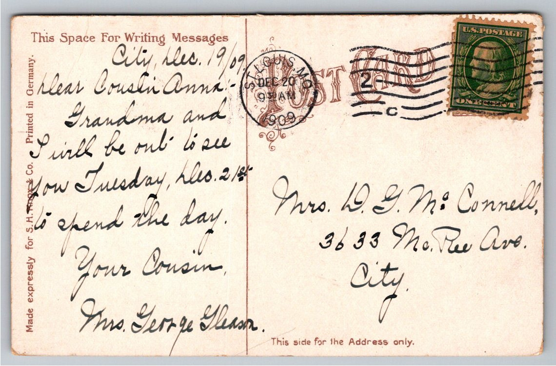 1909 Vandeventer Place Park Fountain St. Louis Vintage Postcard - Back / Reverse View