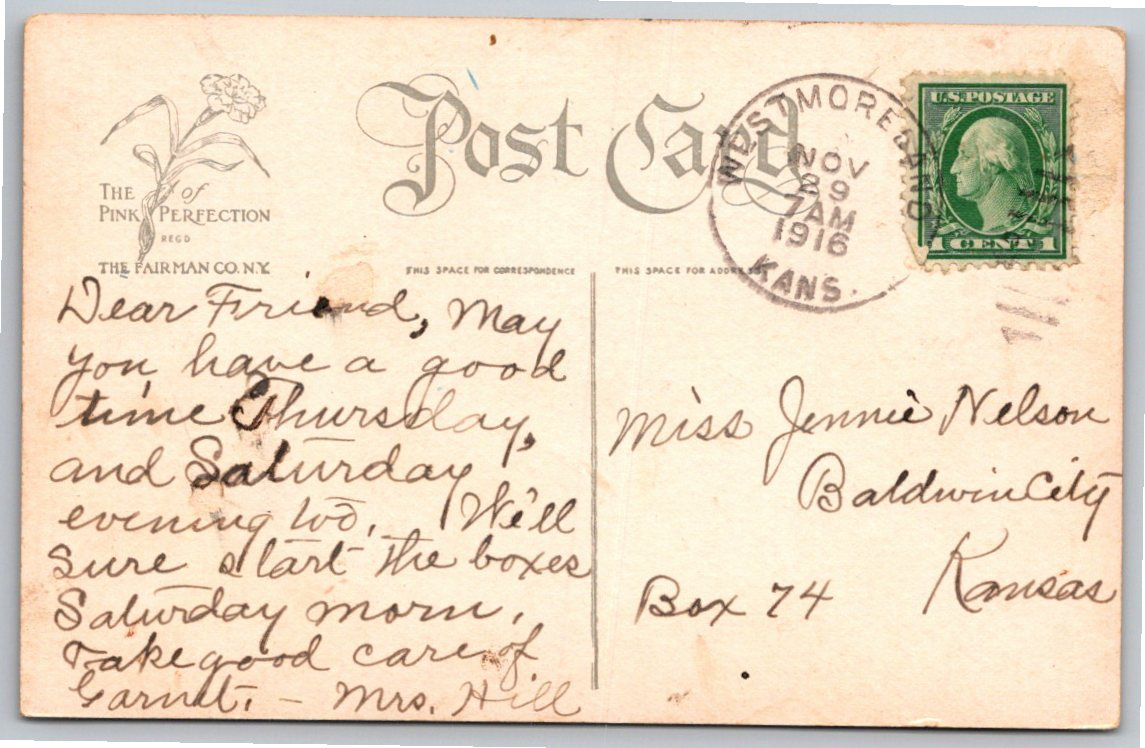 1916 Thanksgiving Greeting Postcard: Pilgrim Couple in the Snow - Back / Reverse View