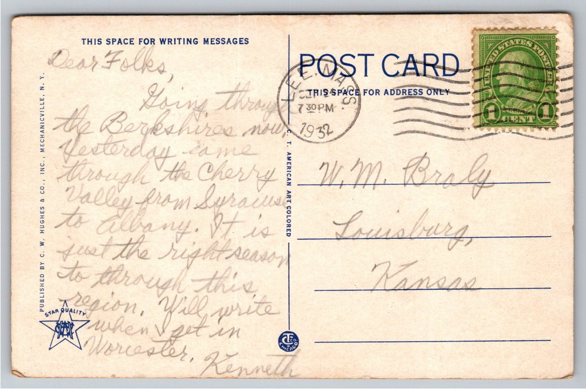 1932 Vintage Postcard of Ferncliff View in Lee, Massachusetts - Back / Reverse View