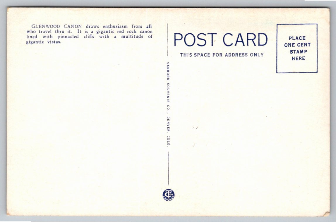 Vintage 1940s D&RGW Steam Train Glenwood Canyon Colorado Postcard - Back / Reverse View