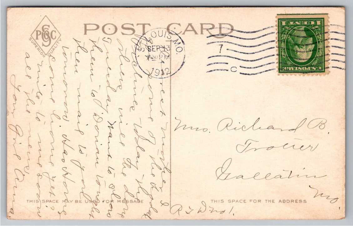 Antique 1912 Postcard: Lily Pond at Shaws Garden, St. Louis, MO - Back / Reverse View
