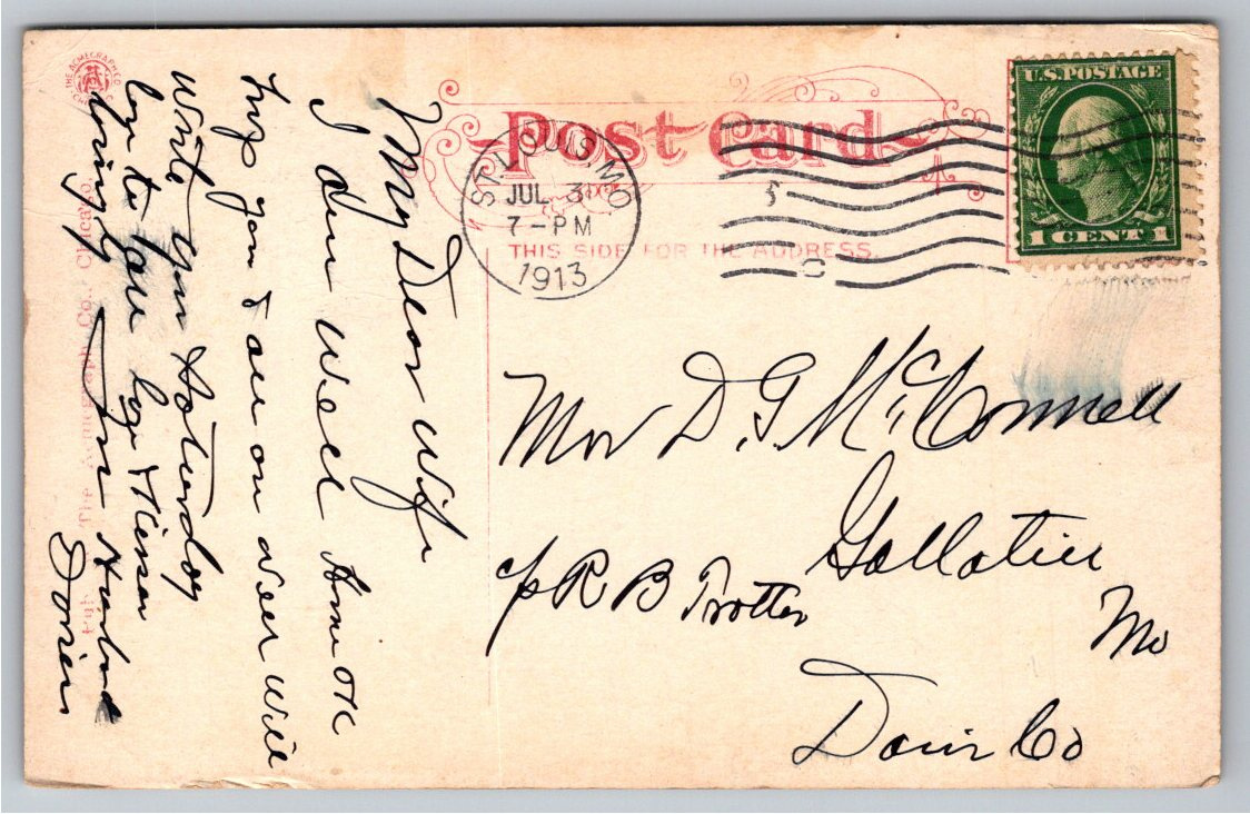 Vintage 1913 Chain of Rocks Water Works Postcard, St. Louis, MO - Back / Reverse View