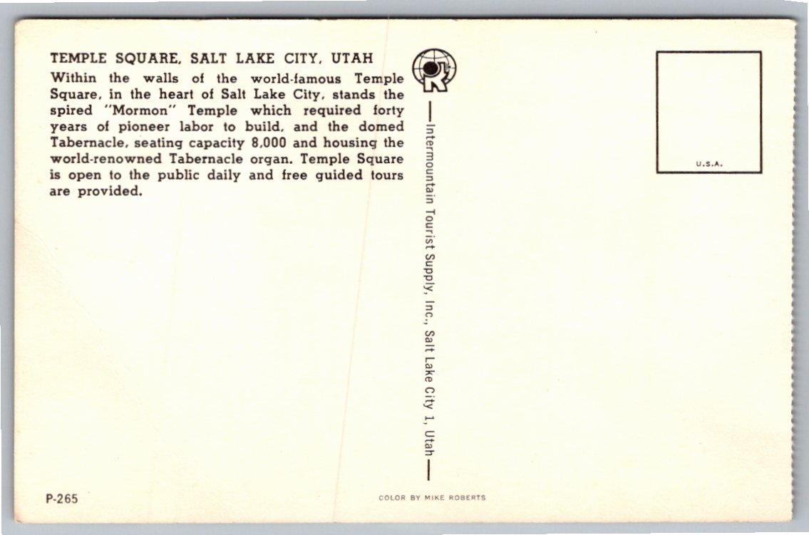 Vintage Salt Lake Temple Postcard: Temple Square Utah History - Back / Reverse View
