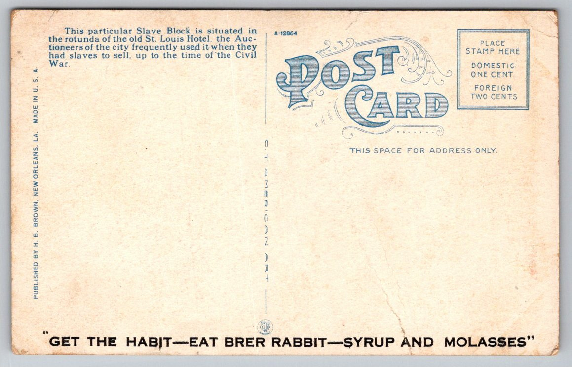 Vintage 1910s St. Louis Hotel Slave Block Rotunda Postcard New - Back / Reverse View