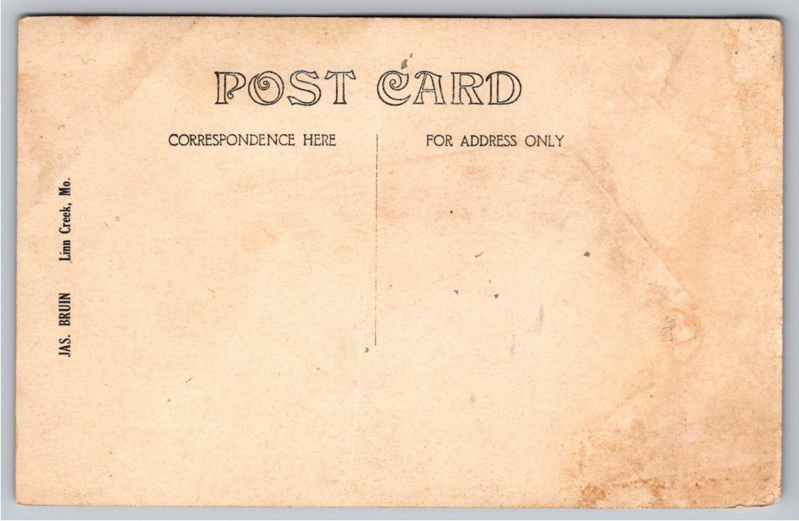 c. 1910 Striped Tent Cabin Linn Creek MO Ozarks Jas. Bruin RPPC - Back / Reverse View