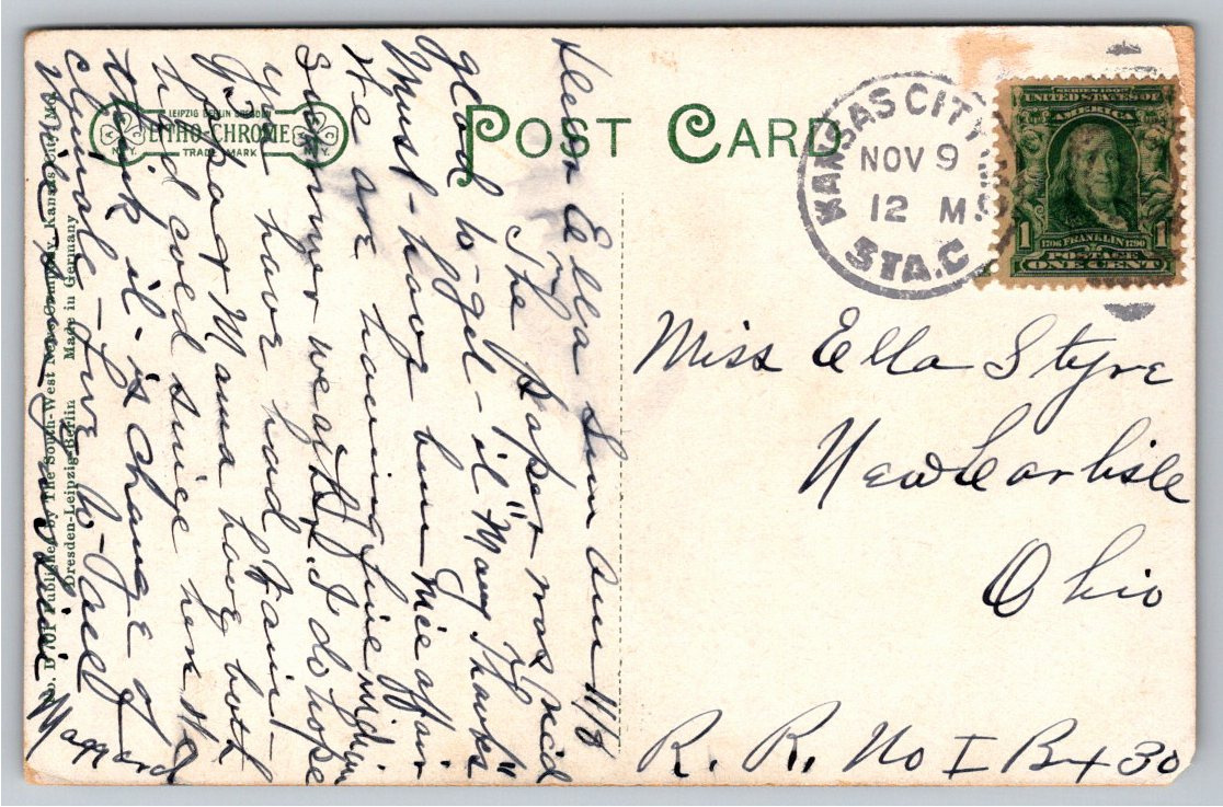 Antique 1900s Kansas City Postcard: Gillham Road South at 37th St - Back / Reverse View