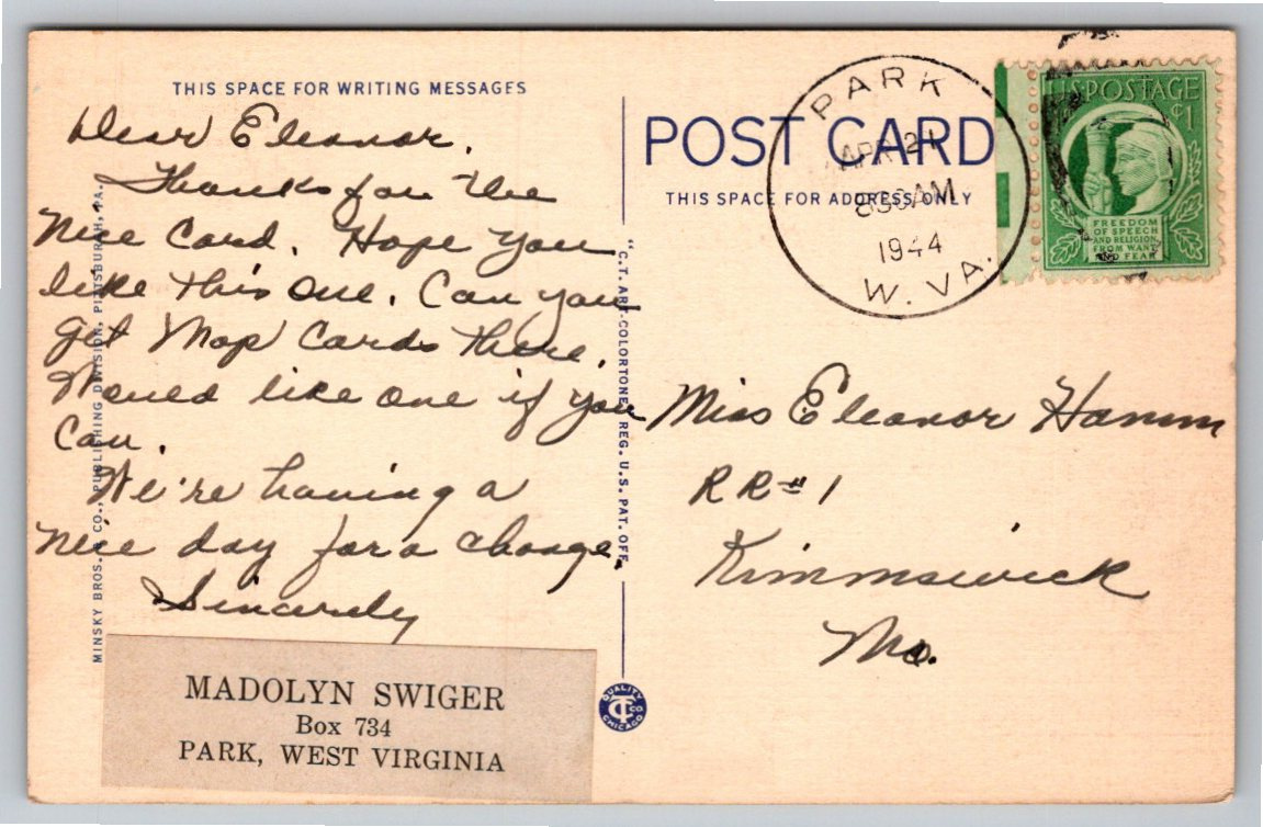 1944 Mid-Atlantic Map Vintage Linen Postcard: VA, WV, MD & DE - Back / Reverse View