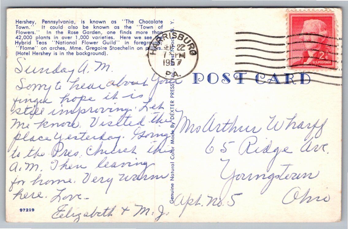 Vintage Hotel Hershey Rose Garden Postcard, Pennsylvania 1957 - Back / Reverse View