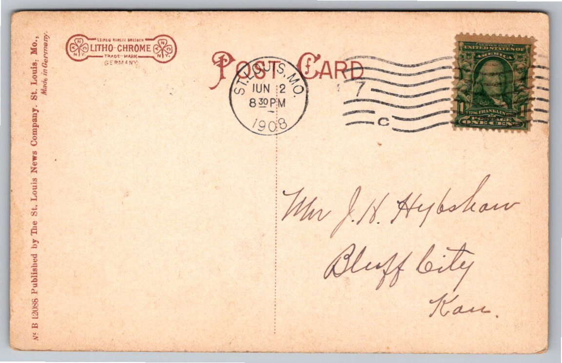 1908 St. Louis Tower Grove Park Bench German Litho-Chrome - Back / Reverse View