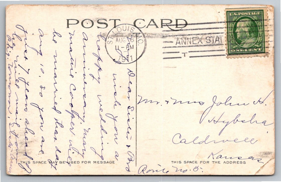 Historic 1911 Grants Cabin Log Home St. Louis Missouri Postcard - Back / Reverse View