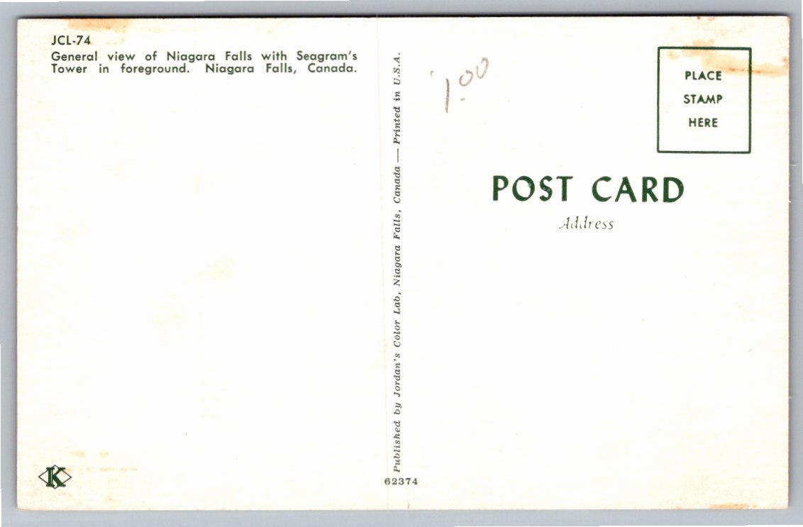 Vintage Niagara Falls Postcard: Seagrams Tower & Rainbow View - Back / Reverse View