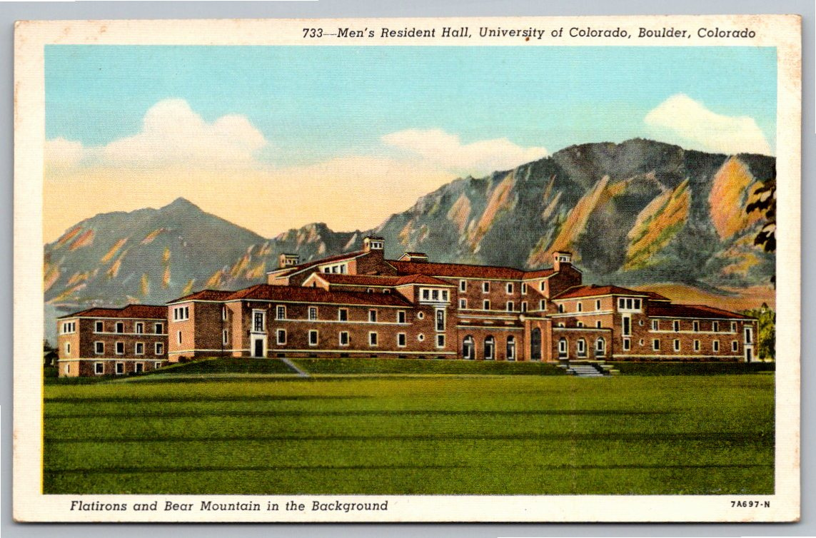 1937 CU Boulder Men's Residence Hall & Flatirons Vintage Postcard