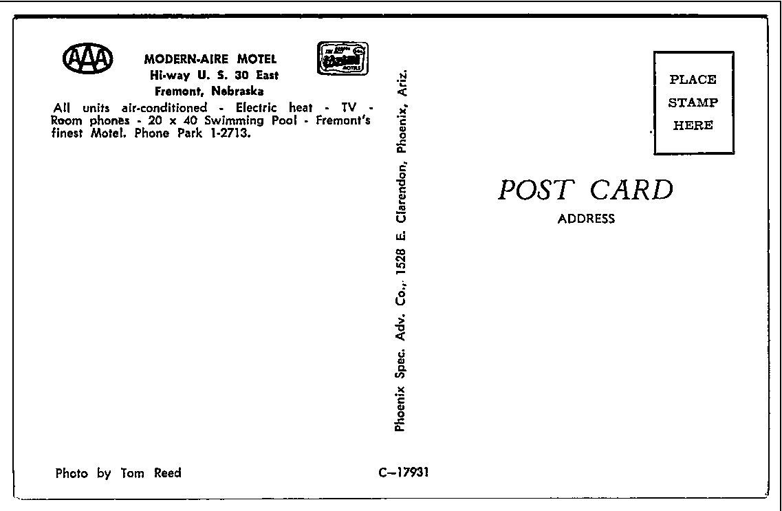 Vintage Modern-Aire Motel Postcard | Fremont, Nebraska US 30 - Back / Reverse View