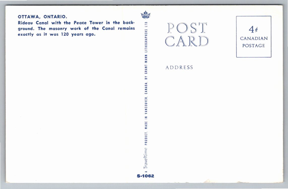 Vintage Ottawa Postcard: Rideau Canal & Peace Tower View S-1062 - Back / Reverse View