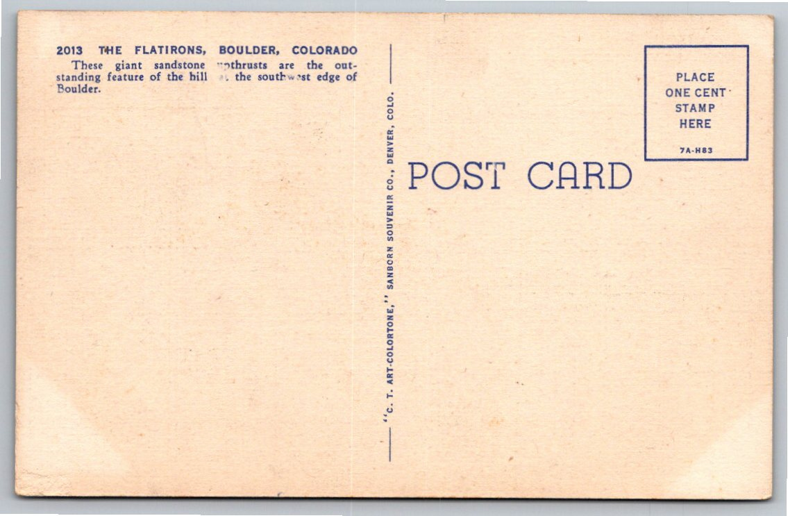 1937 Flatirons Boulder Colorado Red Sandstone Vintage Linen - Back / Reverse View