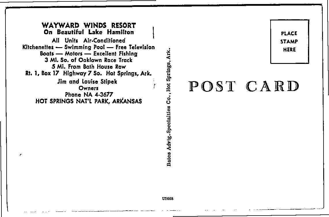 Vintage Lake Hamilton Postcard: Wayward Winds Resort Hot - Angle / View 2