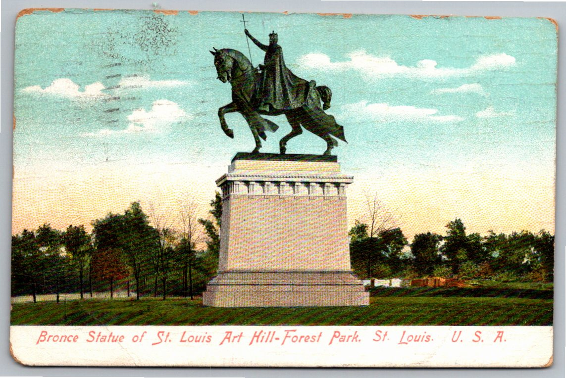 1908 Bronze Statue of St. Louis Art Hill Forest Park Postcard