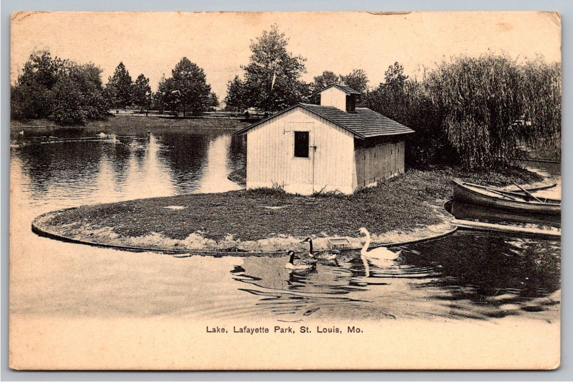 Antique 1908 Lafayette Park Postcard: Swans & Boathouse, St.