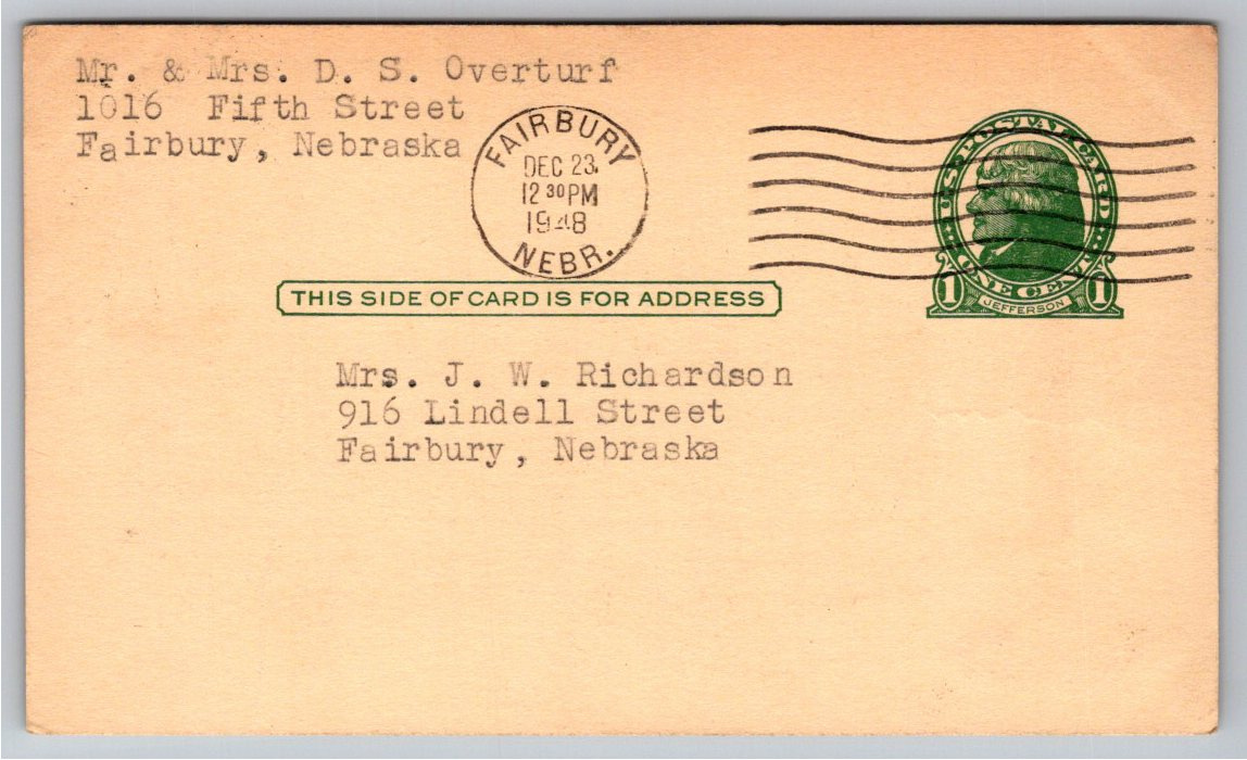 Vintage 1948 Hand-Drawn Christmas Card: Fairbury Nebraska Folk - Back / Reverse View