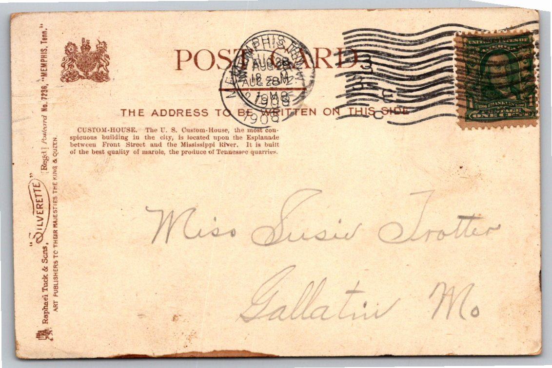 1908 Memphis Tennessee Custom House Raphael Tuck Silverette - Angle / View 3